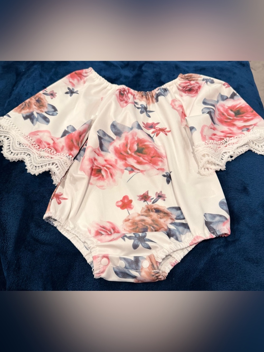 Floral Off-Shoulder Baby Romper - Pink & Blue Roses